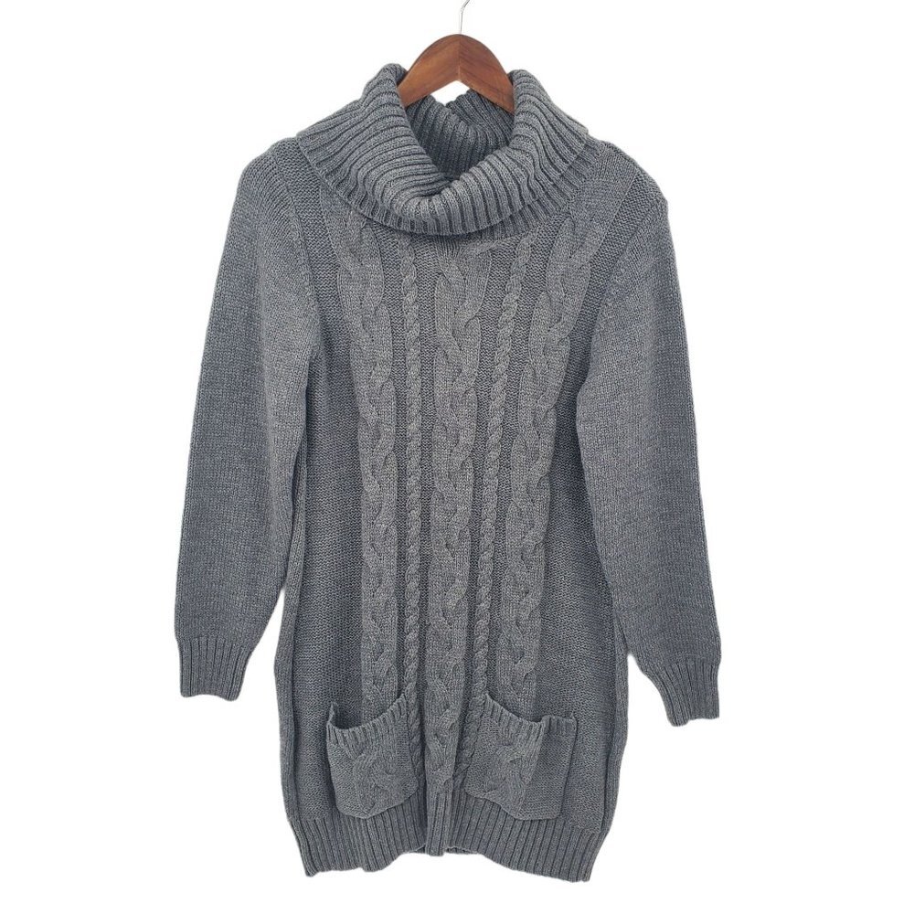 Womens Cowl Neck Cable Knit Tunic Sweater Size M Gray Pockets Long Sleeve
